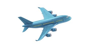 Blue airplane with pixelated design flies through air, showcasing modern and digital aesthetic. aircraft features four engines and sleek body, emphasizing innovation and technology png