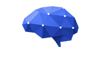 Geometric blue brain illustration with white nodes represents digital or technological concept. polygonal design suggests innovation and modernity png