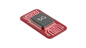 5G microchip on red circuit board symbolizes advanced technology and connectivity. intricate design highlights complexity and innovation in modern electronics png