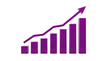 Purple 3D bar graph with upward trend arrow symbolizes growth and success in business or finance. bars increase in height from left to right, indicating positive progress png