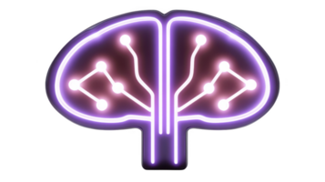 Glowing neon sign in shape of brain with circuit like patterns symbolizes fusion of technology and intelligence. vibrant purple and white colors create futuristic and innovative feel png
