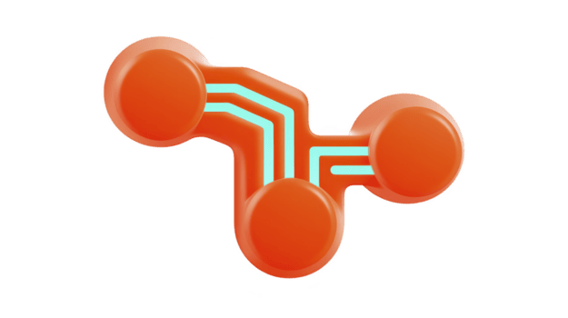 astratto 3d illustrazione Caratteristiche luminosa arancia forma con tre circolare nodi collegato di raggiante blu linee, la creazione di futuristico e dinamico design png