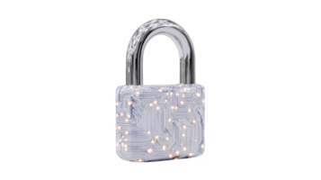 Digital padlock with circuit board design symbolizes cybersecurity and data protection. lock metallic finish and glowing circuit pattern convey futuristic and secure technology concept png