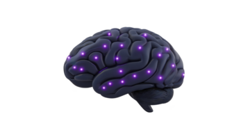 Digital illustration of brain with glowing purple nodes represents neural activity and connectivity, symbolizing concepts of artificial intelligence and cognitive processes png