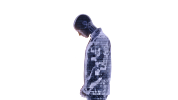 Digital silhouette of person with binary code overlay, symbolizing technology and data integration. image conveys futuristic and introspective mood, highlighting connection between humans png