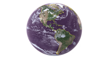 Image shows digitally rendered globe with focus on Americas, featuring purple ocean and green continents. view includes North and South America, with visible cloud patterns png