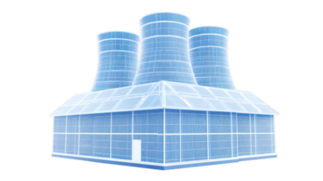 Digital illustration of futuristic industrial building with multiple cooling towers, featuring transparent, grid like structure. design suggests advanced technology and innovation png