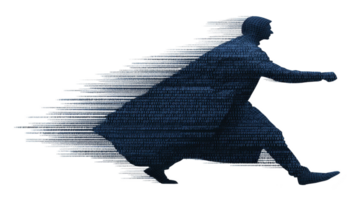 Silhouette of person running with digital effect, resembling binary code, creates dynamic and futuristic impression. motion blur adds sense of speed and technology png