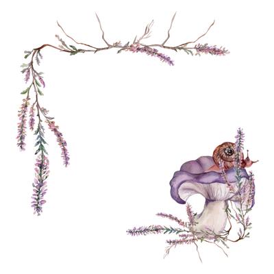 Russula webcap mushroom, snail on top, moss lichen growth, heather flowers. Forest floor habitat nature scene. Square corner frame hand drawn in watercolor. Gardening guides calendars, cards labels