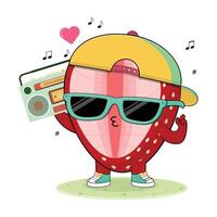 Cool And Cute Colorful Strawberry Fruit Cartoon Character Illustration Enjoying Music On The Radio vector