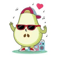 Cool And Cute Colorful Pear Fruit Cartoon Character Illustration Enjoying Music On The Radio vector