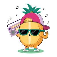 Cool And Cute Colorful Pineapple Fruit Cartoon Character Illustration Enjoying Music On The Radio vector