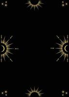 Celestial border with golden frame with stars, moon , sun, crescents, and copy space. Mystic linear background with place for text. vector