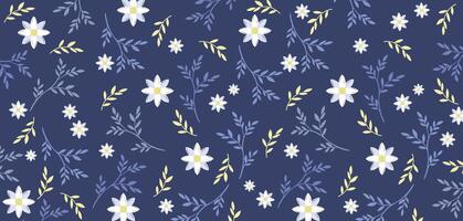 Blue floral pattern with white and yellow flowers and leaf design on blue background. Used for notebooks, wallpapers, backgrounds, journals, cards. vector