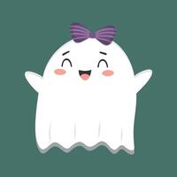 Ghost character with joyful expression and purple striped bow, on a green background, perfect for Halloween themes vector