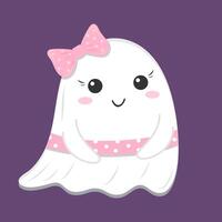 Adorable ghost character with pink bow and polka dot belt, in flat style on a purple background, Halloween vector