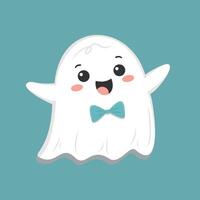 Happy ghost character with a blue bow tie, simple flat style, teal background. Fun and friendly Halloween concept for children vector