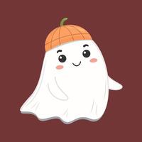 ghost character with blush cheeks wearing a pumpkin hat, flat style, on a maroon background, Halloween fun and cuteness vector
