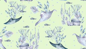 Watercolor underwater pattern with marine elements vector