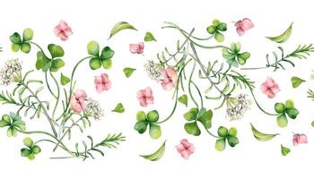 Seamless floral border with pink hydrangea, clover and white flowers watercolor illustration isolated. Realistic spring plants on repeated background hand drawn. Botanical design for banner, textile vector