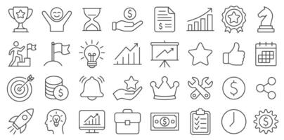 Business goal editable stroke line web icon set. Business strategy success goals thin linear Icons collection. Including process, target, aim, focus, human resource, winner, action plan. vector