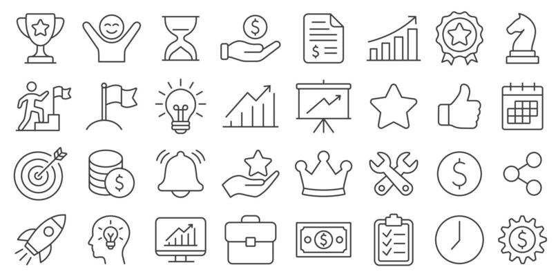 Business goal editable stroke line web icon set. Business strategy success goals thin linear Icons collection. Including process, target, aim, focus, human resource, winner, action plan.