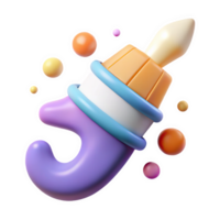 3 D Render of a Pastel Purple Paintbrush with Orange and Light Blue Accents and Surrounding Colorful Spheres isolated on a transparent background png