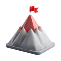 3 D Render of a Stylized Mountain Peak Icon with a Small Red Flag Planted on Top Light Gray Base isolated on a transparent background png