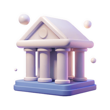 3 D Render of a White Bank Building Icon with Four Columns a Triangular Pediment and a Light Blue Base Surrounded by Small White Spheres isolated on a transparent background png
