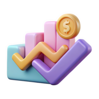3 D Render of Pastel Pink Purple and Orange Financial Line Chart Icon with Upward Trend and Gold Dollar Coin isolated on a transparent background png
