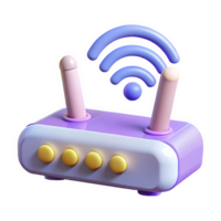 3d purple and white wireless router with pink antennas and yellow buttons emitting blue wifi signal waves isolated on a transparent background png