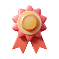 Three dimensional coral pink award ribbon icon featuring a circular golden yellow badge isolated on a transparent background png