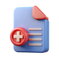 Three dimensional medical document icon featuring a red cross badge on a periwinkle blue document with soft pink lines isolated on a transparent background png