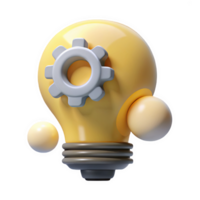 Yellow 3 D Lightbulb Icon with Gray Gear and Small Interlocking Yellow Spheres Isolated on a transparent background png