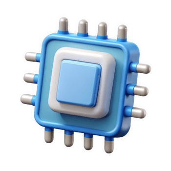 3 d framställa av en blå och vit mikrochip c p u ikon med silver- stift central bearbetning enhet isolerat på en transparent bakgrund png