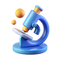 3 D Render of a Blue and Orange Microscope Icon with Smooth Metallic Frame and Two Small Orange Spheres isolated on a transparent background png