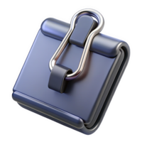 3 D Render of a Dark Blue Metallic Binder Clip Icon with a Silver Frame and Black Accents isolated on a transparent background png