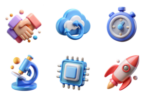 Handshake cloud refresh stopwatch microscope processor rocket Icon Set isolated on a transparent background png