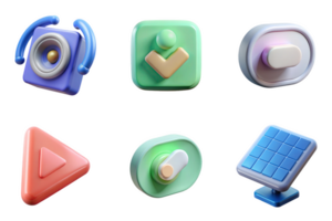 Blue speaker with gold center and curved handles green square with peach chevron and ball light purple circle with white toggle green oval with white and... isolated on a transparent background png