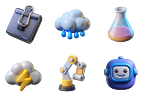 Clipboard flask rain lightning robot industrial icon set isolated on a transparent background paper metal png