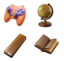 Orange controller green globe open book brown ruler isolated on a transparent background gaming joystick png