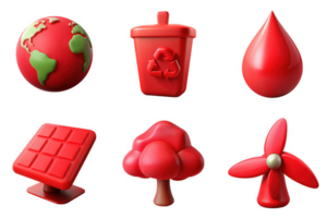 Red environmental icons globe recycling bin blood drop solar panel tree wind turbine isolated on a transparent background png