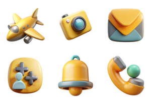 Yellow airplane camera envelope user add bell telephone icons isolated on a transparent background lens png