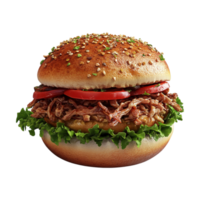 a pulled pork sandwich on a bun with lettuce and tomatoes png