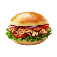 a pulled pork sandwich with lettuce and tomatoes on a bun png