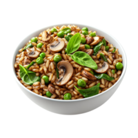 mushroom risotto in a bowl with peas and spinach on a transparent background png