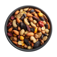 nutty mix of dried fruit and nuts in a bowl on a transparent background png