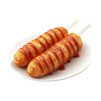 two fried chicken kabobs on a plate with ketchup png