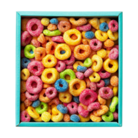 colorful cereal in a box on transparent background png