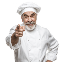 Happy elderly male chef in white uniform pointing finger isolated on transparent background png